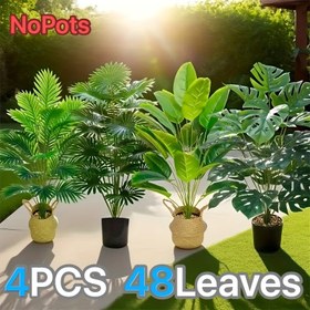 Resim 4'lü set simüle ağaç, geniş yapraklı tropik yağmur ormanı dekoratif ağacı, yıl boyu iç ve dış mekan saksı bitkisi, otel bahçesi, avlu Nordik tarzı sahte ağaç, yer yerleştirme, yeşil yelpaze mimari stil, fotoğraf çekimi aksesuarları 