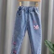 Resim IENENS Bebek Kız Rahat Sahte Denim Sahte Denim Sevimli Tavşan ve Kelebek Nakışlı - Hafif Mavi, Normal Kalıp, Bahar/Sonbahar Rahat Kıyafet, Bahar Sonbahar Giyim, Canlı Gençlerin Modası, Yumuşak Kumaş Sahte Denim 