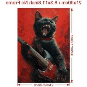 Resim Trendooze Vintage Kedi Gitar Poster, 8.3x11.8 İn, Kırmızı Duvar Dekoru 