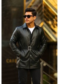Resim Erkek Slim Fit 80 Cm Uzun Deri Ceket - Full Tay Tüyü Astarlı Siyah Deri Kürklü 