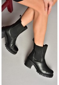 Resim Fox Shoes T726981609 Siyah Lastikli Kalın Topuklu Kadın Bot Siyah-Suni Deri Siyah 