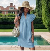 Resim Açık Mavi Yaz Kadın Düz Renk Elbise Ayakta Yaka Lotus Yaprağı Kol Gevşek L Açık Mavi 