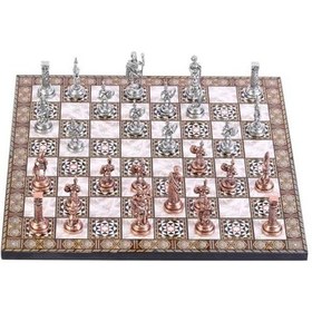 Resim Orta Boy Metal Roma Satranç Takımı Antik Ve Sedef Desenli Mdf Ahşap Satranç Tahtası 37x37 Cm. 