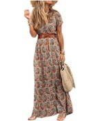 Resim Novahub Büyük Fırfırlı, Kısa Kollu, Kırışık Fırfırlı, İş Kemerli, Girdap Desenli Bohem Kadın Elbisesi Kahverengi - L Kahverengi 