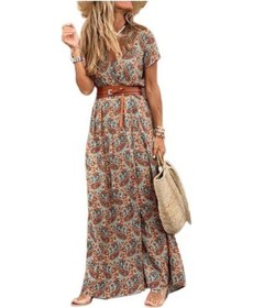 Resim Novahub Büyük Fırfırlı, Kısa Kollu, Kırışık Fırfırlı, İş Kemerli, Girdap Desenli Bohem Kadın Elbisesi Kahverengi - L Kahverengi 