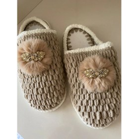 Resim Pembe Portakal Örgü Ev Terliği Panduf 