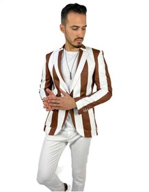 Resim AGUSTİNİ Kahverengi Beyaz Şerit Desen Torba Cep Blazer Tek Ceket Slim Fit | Agustini 