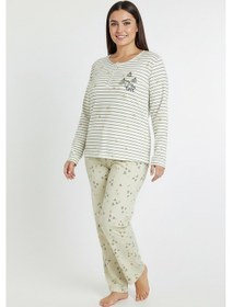 Resim Bravie Üstü Yatay Çizgili Altı Desenli Elite Viscose Uzun Büyük Beden Pijama Takımı Beyaz 3590 Beyaz 