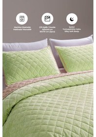Resim Kapitone Kadife Yatak Örtüsü Seti Çift Kişilik Supersoft 3 Parça Yumuşak Elyaf Dolgulu Yeşil Yeşil 
