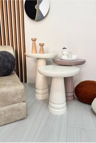 Resim AYLESA Doğal Ahşap 3’lü Set Mantar Yan Sehpa Modern Renkli Fiskos Zigon Çiçeklik 