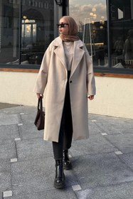Resim lamelif Tek Düğmeli Kaşe Kaban Krem 