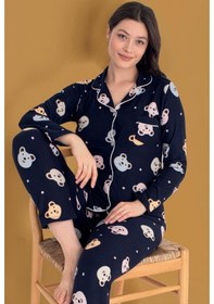 Resim Mutlu City Kadın Soft Kumaş Düğmeli Gömlek Yaka Yüksek Kalite Yılbaşı Pijama Takımı 3026 Lacivert 