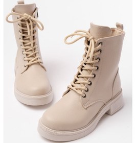 Resim 02-356 Bej Galata Düz Topuklu Bağcıklı Fermuarlı Günlük Kadın Bot Beyaz 