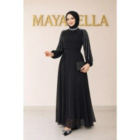 Resim MayaBella Maya Bella Kolları Işlemeli Tesettür Abiye Şifon Kumaşla Uzun Kol Tasarımıyla Dört Mevsim Kullanım 