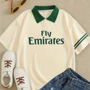 Resim Kadın Retro "Fly Emirates" Polo Gömlek - Yeşil ve Beyaz Çizgili Klasik Yaka Kısa Kollu Üst, Tüm Mevsimler İçin Rahat Düğmeli, Dayanıklı Düğme Altı 