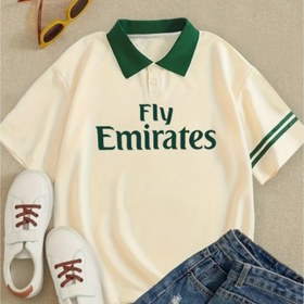 Resim Kadın Retro "Fly Emirates" Polo Gömlek - Yeşil ve Beyaz Çizgili Klasik Yaka Kısa Kollu Üst, Tüm Mevsimler İçin Rahat Düğmeli, Dayanıklı Düğme Altı 