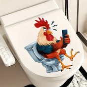 Resim Tuvalet Üzerinde Mizahi Kendinden Yapışkanlı Horoz ve Akıllı Telefon Banyo Sticker - Seramik Yüzeyler için Dayanıklı Plastik Hayvan Baskılı Etiket, Kolay Soyulabilir & Yapıştırılabilir Tasarım, Kare Şekil Tuvalet Kapağına Uyar & Duvar Dekoru, Esprili Tasarım 
