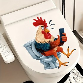 Resim Tuvalet Üzerinde Mizahi Kendinden Yapışkanlı Horoz ve Akıllı Telefon Banyo Sticker - Seramik Yüzeyler için Dayanıklı Plastik Hayvan Baskılı Etiket, Kolay Soyulabilir & Yapıştırılabilir Tasarım, Kare Şekil Tuvalet Kapağına Uyar & Duvar Dekoru, Esprili Tasarım 