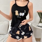 Resim Kadınların Rahat ve Sevimli Kedi Desenli Spagetti Askılı ve Şortlu Pijama Takımı, Polyester %95.0 Elastan %5.0, Tüm Mevsim Uyku Giyimi, Rahat Uygunluk, Yetişkin Rahat Pijama Takımı | Oyuncak Desenli Üst | Polyester Karışımı 