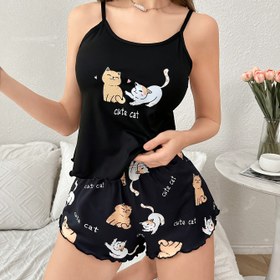 Resim Kadınların Rahat ve Sevimli Kedi Desenli Spagetti Askılı ve Şortlu Pijama Takımı, Polyester %95.0 Elastan %5.0, Tüm Mevsim Uyku Giyimi, Rahat Uygunluk, Yetişkin Rahat Pijama Takımı | Oyuncak Desenli Üst | Polyester Karışımı 