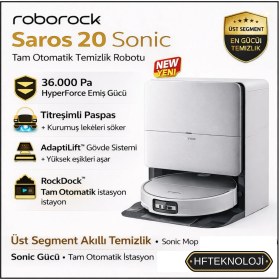 Resim Roborock 36.000PA Emiş Gücüyle Yeni Saros 20 Sonic Beyaz Robot Süpürge 