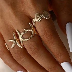 Resim Kadınlar İçin 3 Parça Okyanus Denizyıldızı ve Kabuk Açık Yüzük Seti 