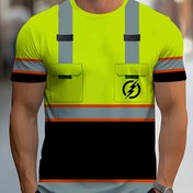 Resim Men'S Casual Elektrikçi Tarzı Neon Sarı ve Gri Çizgili T-Shirt Cep Detaylı - 3D Baskı Tasarımı, Kısa Kollu, Yuvarlak Yaka, İş ve Günlük Giyim için Rahat, Arkadaşlar için Mükemmel Hediye, Her Gün Rahat Tişört | Günlük Stil Tişört | Esnek Kumaş 