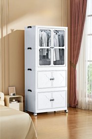 Resim 3 Katlı Katlanabilir Modüler Giysi ve Eşya Dolabı – Tekerlekli, Kapaklı, Şeffaf Pencereli Tasarım 