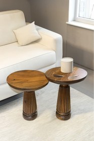 Resim Simillo Home&Living Wood Wooden 2’li Set Fitilli Mantar Yan Sehpa Modern Açık Ceviz Renk Fiskos 