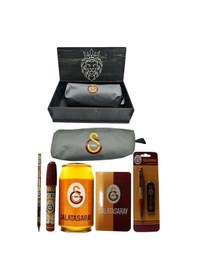 Resim Galatasaray Orjinal Lisanslı Sarı Kutu Kalemtraş Ahşap Kutulu 6'lı Kırtasiye Seti Gri 