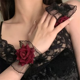 Resim 2 adet Siyah Dans Burgundi Gül Dantel Bileklikler, Lolita El Takıları - Moda Çiçek Gotik Tarzı, Kadınlar İçin Uygun - Siyah Etek Dans Aksesuarları 