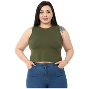 Resim Büyük Beden Bisiklet Yaka Kolsuz Crop Viskon Haki Body-haki Haki 