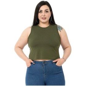 Resim Büyük Beden Bisiklet Yaka Kolsuz Crop Viskon Haki Body-haki Haki 