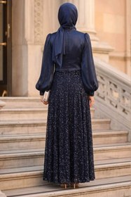 Resim N.S NEVA STYLE Boncuk İşlemeli Lacivert Tesettür Abiye Elbise 70171L 