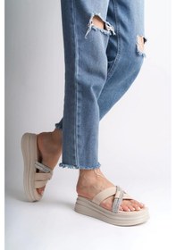 Resim Ruby Düz Topuklu Taşlı Çapraz Şeritli Kalın Ve Ortopedik Taban Kadın Terlik Kt - Krem Krem 