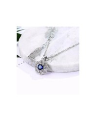 Resim Brezza Lusso Jewelry Gümüş Lüks Mavi Safir Taşlı Çiçek Model Kadın Kolye Küpe Set 
