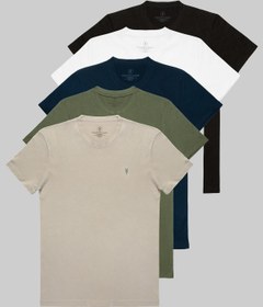 Resim COMBİNE MİCHAİL Erkek Siyah Beyaz Haki Gri Lacivert %100 Pamuklu 5 Li T-shirt Paketi 