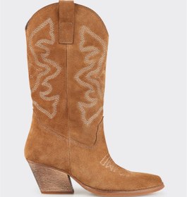 Resim Elle Taba Deri Kadın Western Çizme 