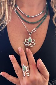 Resim Doğaltaş Gümüş Lotus Çiçeği Yeşim Zümrüt Taşlı Set 