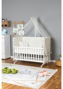 Resim Ahşap Beşik Anne Yanı Beşik Beyaz 60x120 - Krem Güpür Uyku Seti + Yataklı + Tekerlekli Beyaz 