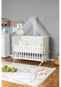Resim Ahşap Beşik Anne Yanı Beşik Beyaz 60x120 - Krem Güpür Uyku Seti + Yataklı + Tekerlekli Beyaz 