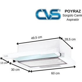 Resim CVS Dn 1146 Poyraz Eco Sürgülü Camlı Aspiratör 280 m3/saat Emiş Gücü Beyaz Renkli Şık Tasarım 