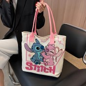 Resim Kadınlar için Stitch & Lilo Kanvas Tote Çanta - Siyah Beyaz Çizgili Tasarım, Pembe Saplar, Fermuar Kapatma, Rahat Omuz Çantası, Rahat Omuz Çantası | Karikatür Karakter Tasarımı | Dayanıklı Kanvas Malzeme, Çanta 