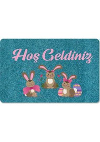 Resim Dijital Baskılı Kapı Önü Paspas Hoşgeldiniz Yazılı Çiçek Desen Ve Tavşan Iç Ve Dış Kapı Yıkanabilir Sakız Mavisi 