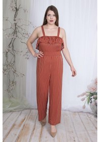 Resim Şans Kadın Tarçın Çizgili Volan Detaylı Askılı Tulum 65n23736-tarçın Tarçın 