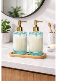 Resim Ahşap Standlı 2 Li Cam Sıvı Sabunluk 500 Ml Modern Banyo Ve Mutfak İçin Dekoratif Cam Sabunluk Seti Açık Yeşil 