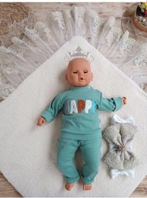 Resim Yenidoğan Kuzulu Taç Nakış Güpürlü Fiyonklu Duvaklı Prizma Taş Unisex Kundak Bebek Battaniyesi Ekru Renkli Çok Renkli 