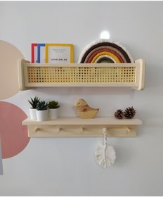 Resim babyroomstore Hazeran Raf Hazeranlı Ahşap Raf & Ahşap Askılı Raf Ikili Raf 60cm 