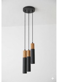 Resim Masif Ahşap & Metal Üçlü Sarkıt Avize Modern Silindir Tasarım Diğer 