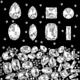Resim Cam Dikişli Taşlar 240 adet Taşlar Gümüş Karışık Şekiller Cam Taşlar Şeffaf Düz Arka Taşlar saç tokası Düz Arka Kristal Dikiş Taşları Giyim Takı Ayakkabılar DIY 